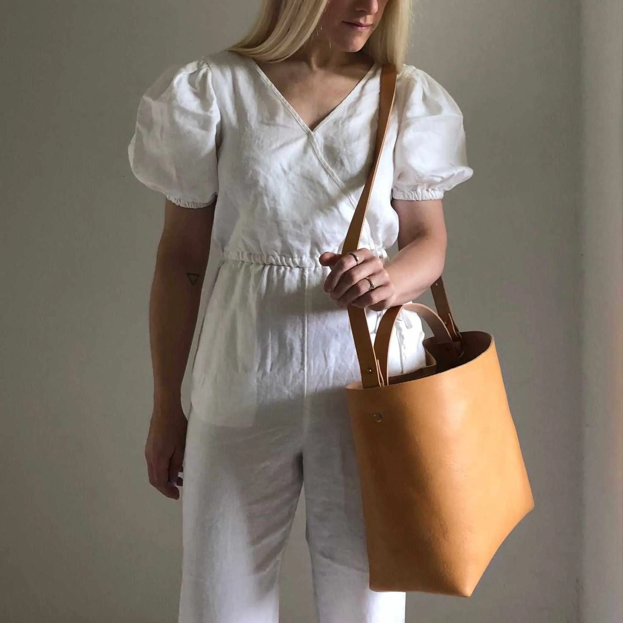 Basket Midi Leather Tote Bag in Black or Natural