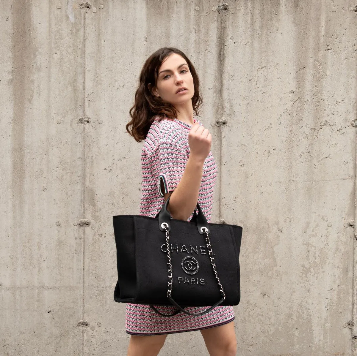 Chanel Black Canvas Mixed Fibers Pearl Large Deauville Tote