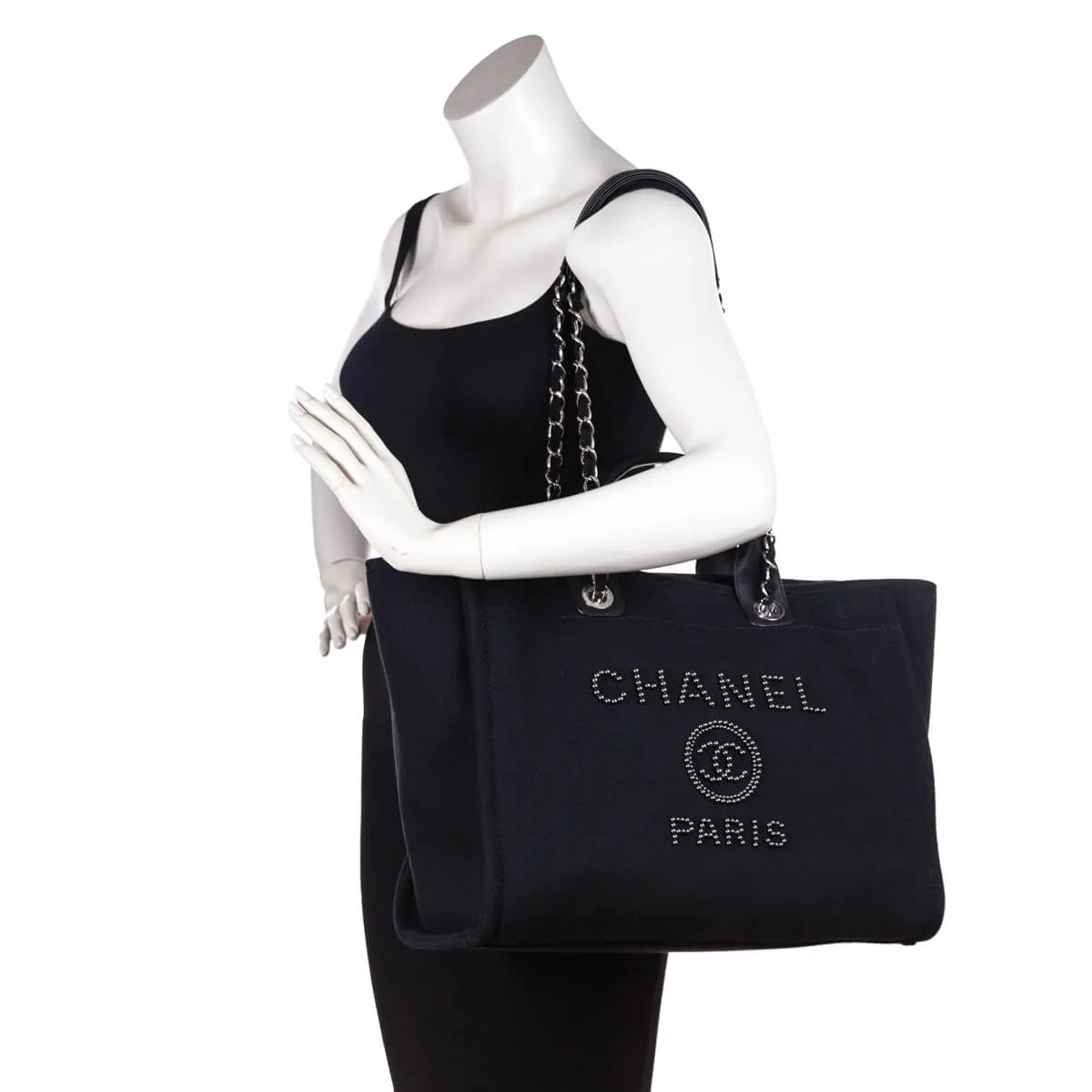 Chanel Black Canvas Mixed Fibers Pearl Large Deauville Tote