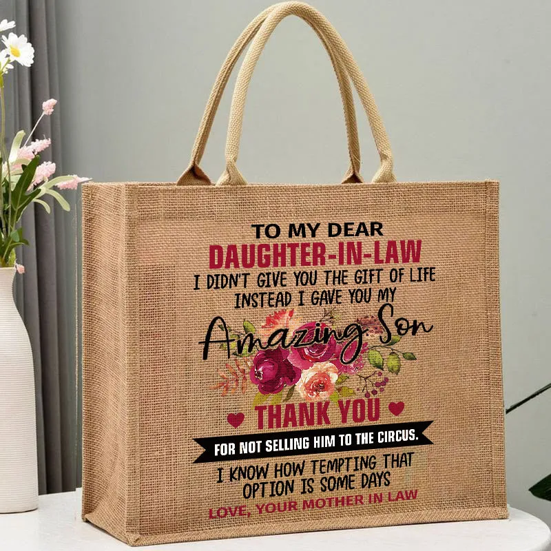Floral Print Burlap Tote Bags Gift for Daughter-In-Law Large Travel Shopping Shoulder Bag