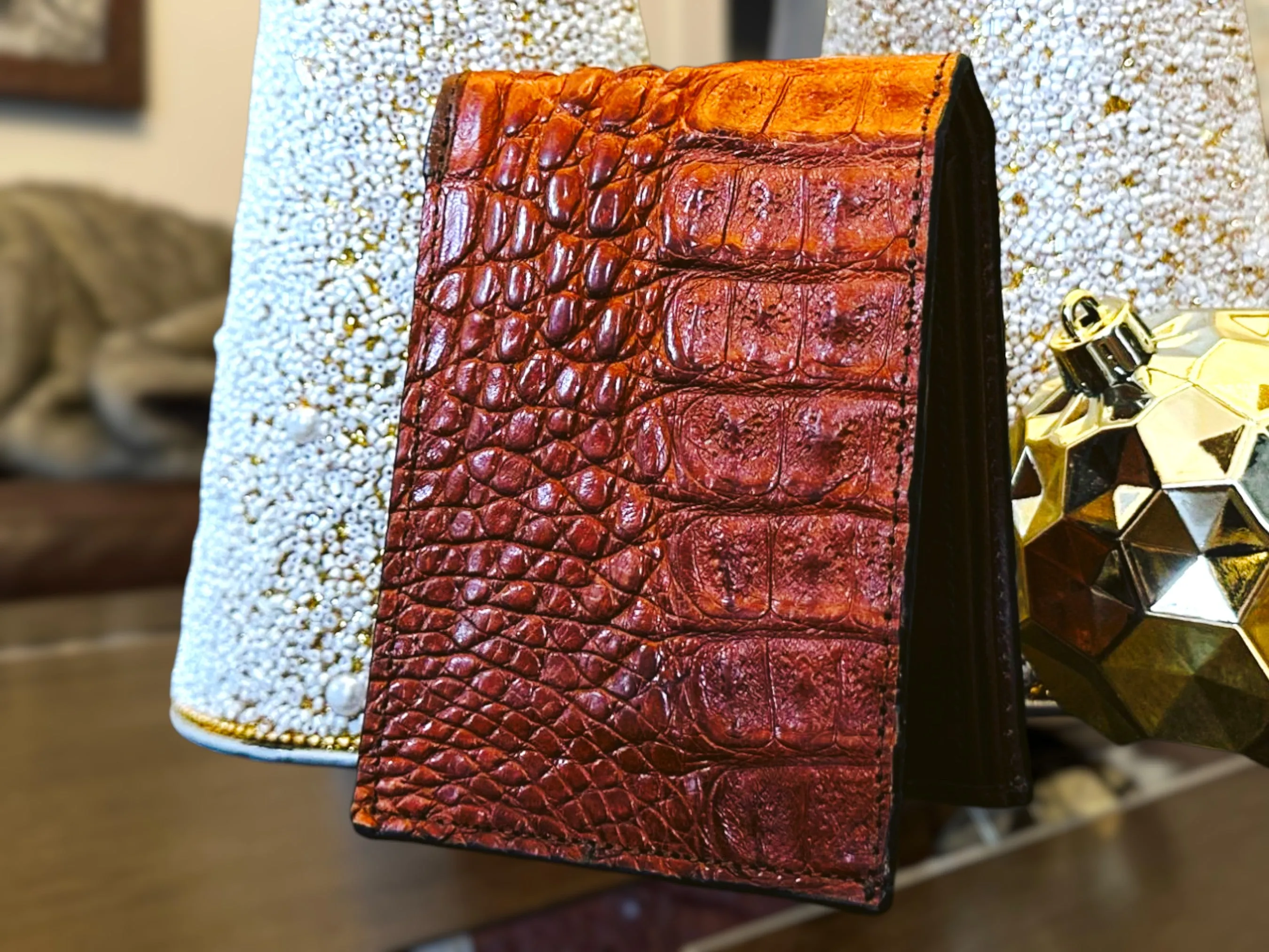 Handmade Alligator Leather Western Bifold Wallet, 4 card slot, Window ID card holder, Handmade Western Cowboy Wallet