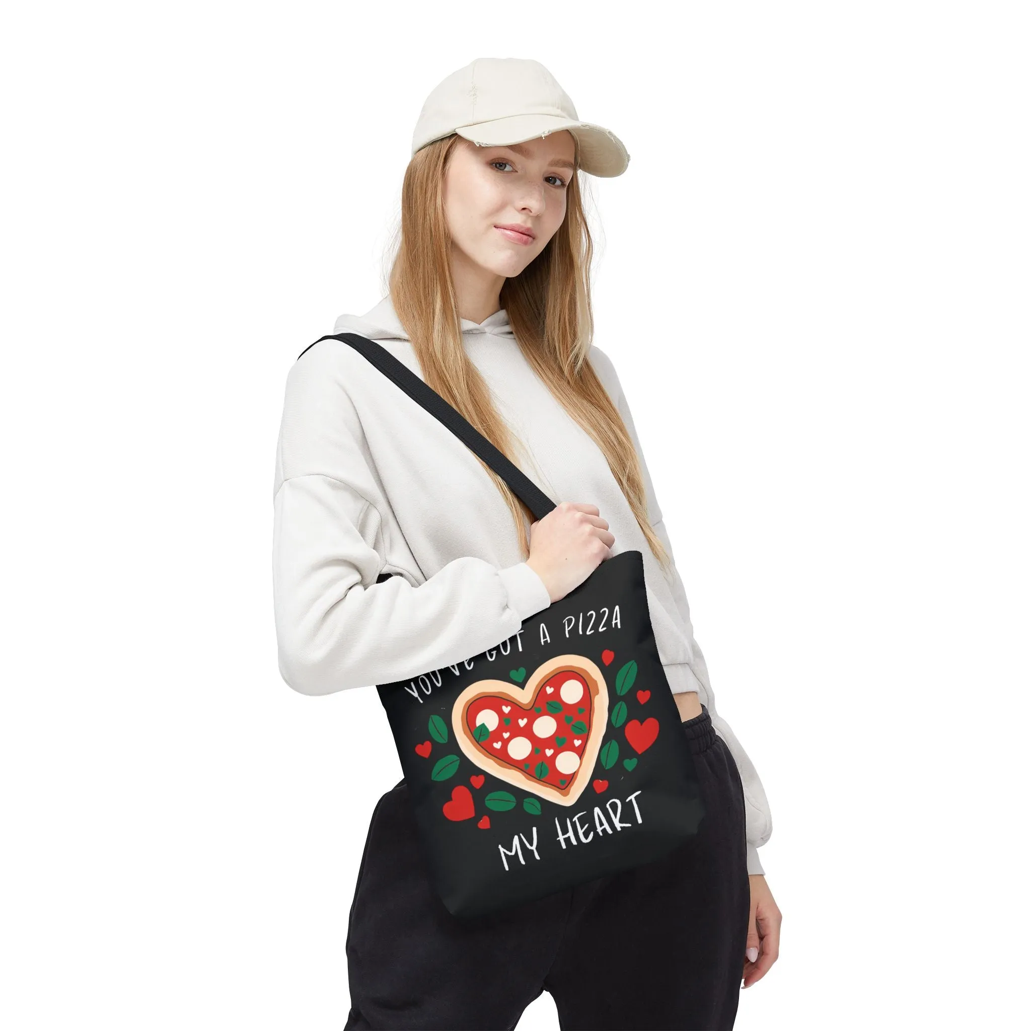 Pizza Lover Black Tote Bag - You've Got a Pizza My Heart - Funny Foodie Gift, Cute Shopping Bag, Romantic Gift, Reusable Grocery Tote
