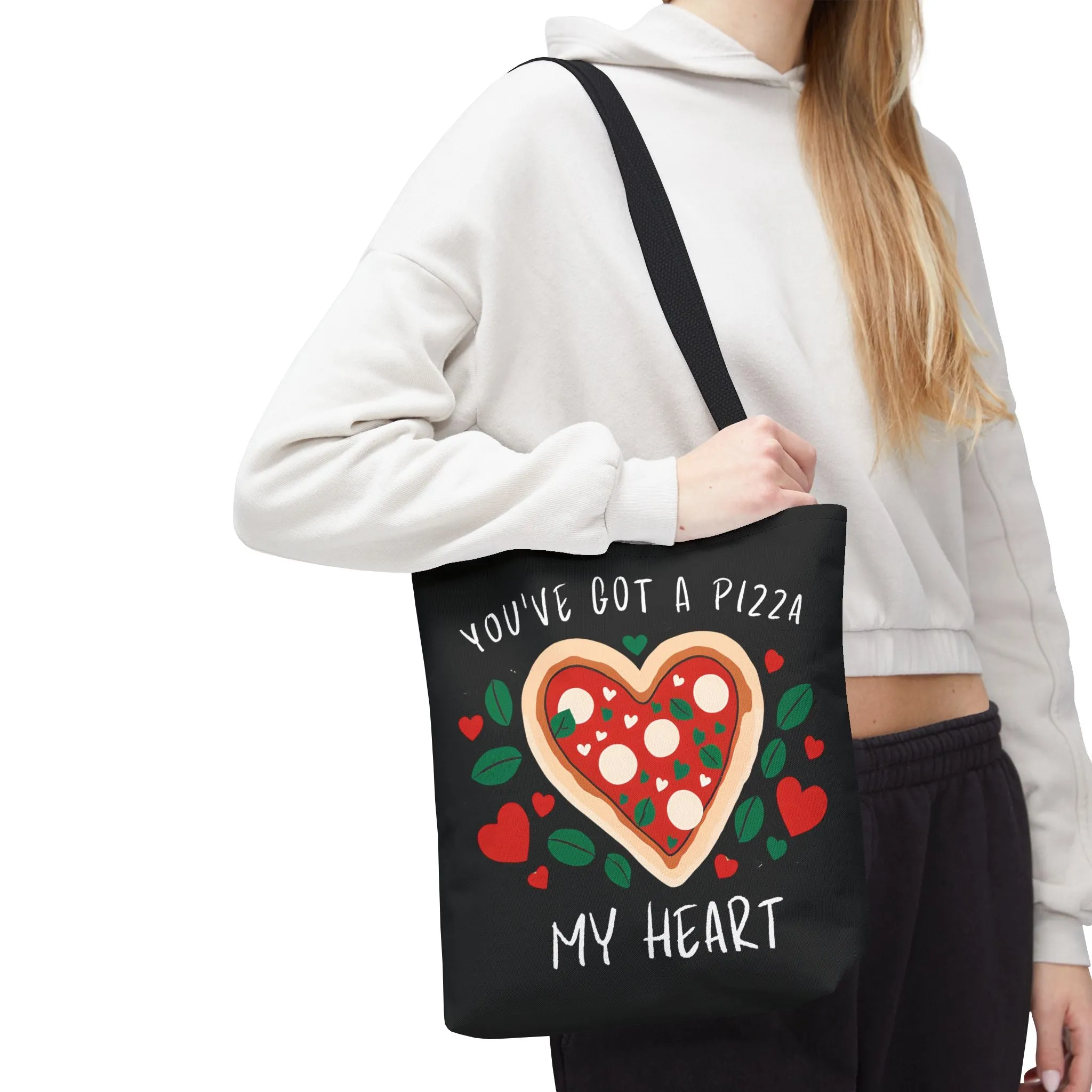 Pizza Lover Black Tote Bag - You've Got a Pizza My Heart - Funny Foodie Gift, Cute Shopping Bag, Romantic Gift, Reusable Grocery Tote