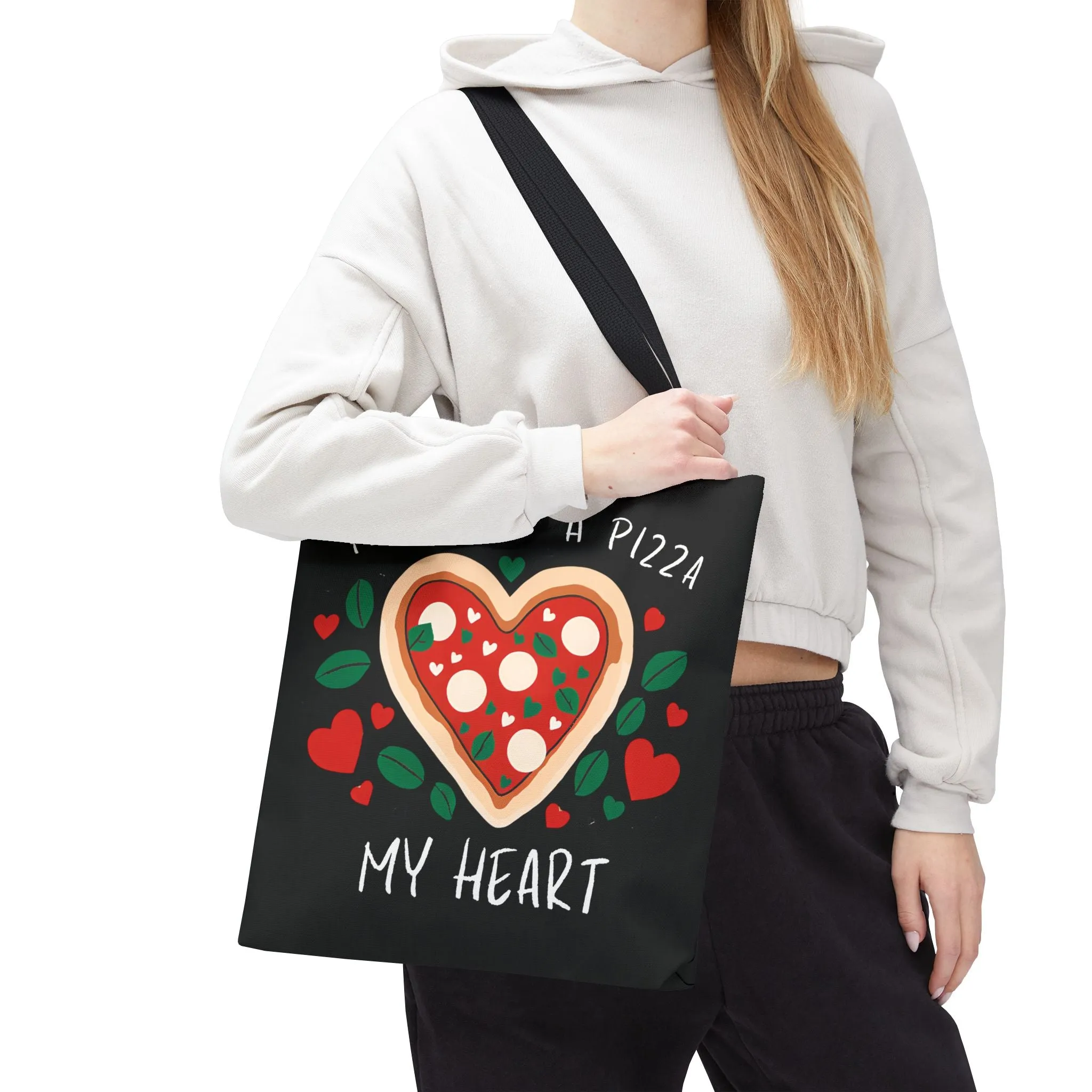 Pizza Lover Black Tote Bag - You've Got a Pizza My Heart - Funny Foodie Gift, Cute Shopping Bag, Romantic Gift, Reusable Grocery Tote