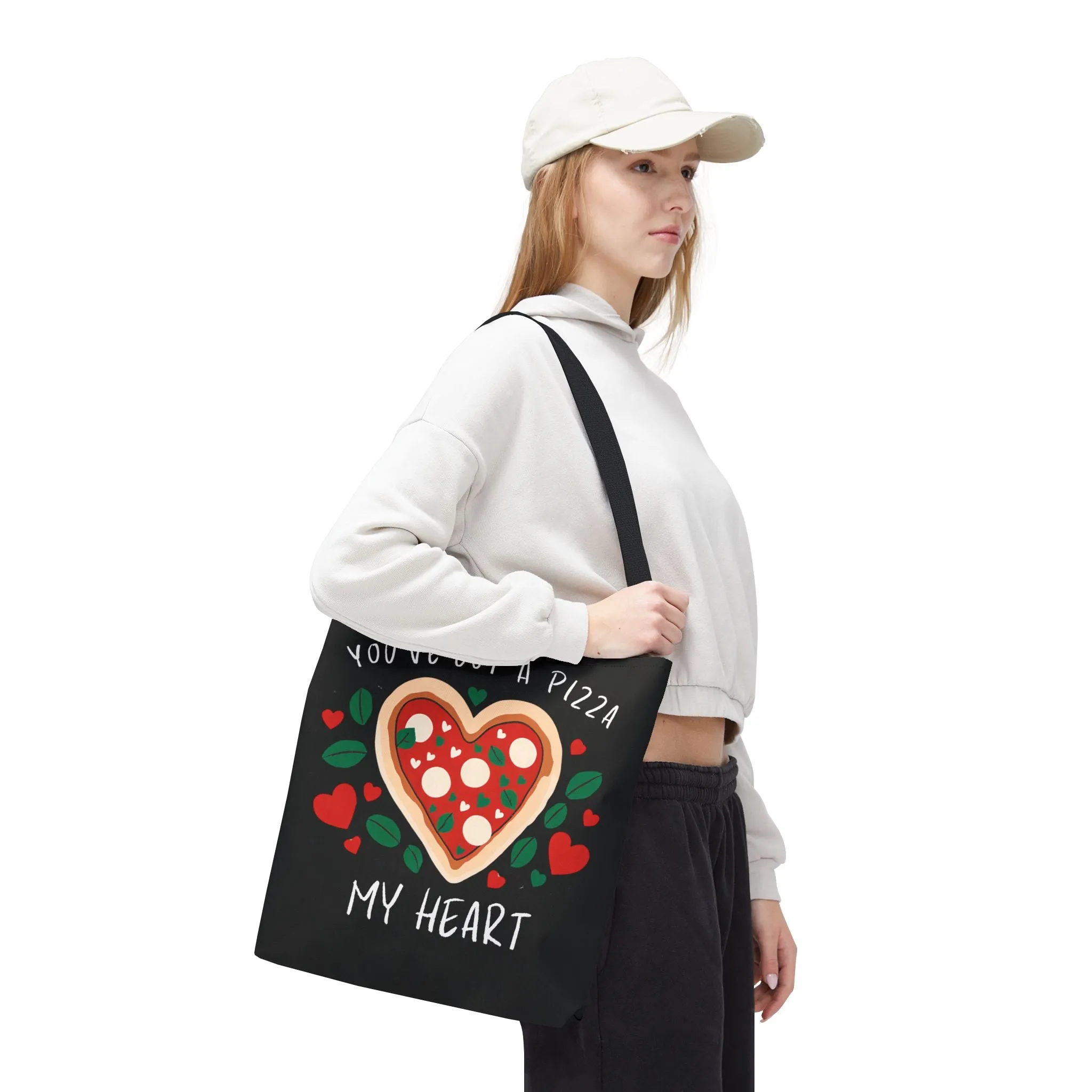 Pizza Lover Black Tote Bag - You've Got a Pizza My Heart - Funny Foodie Gift, Cute Shopping Bag, Romantic Gift, Reusable Grocery Tote