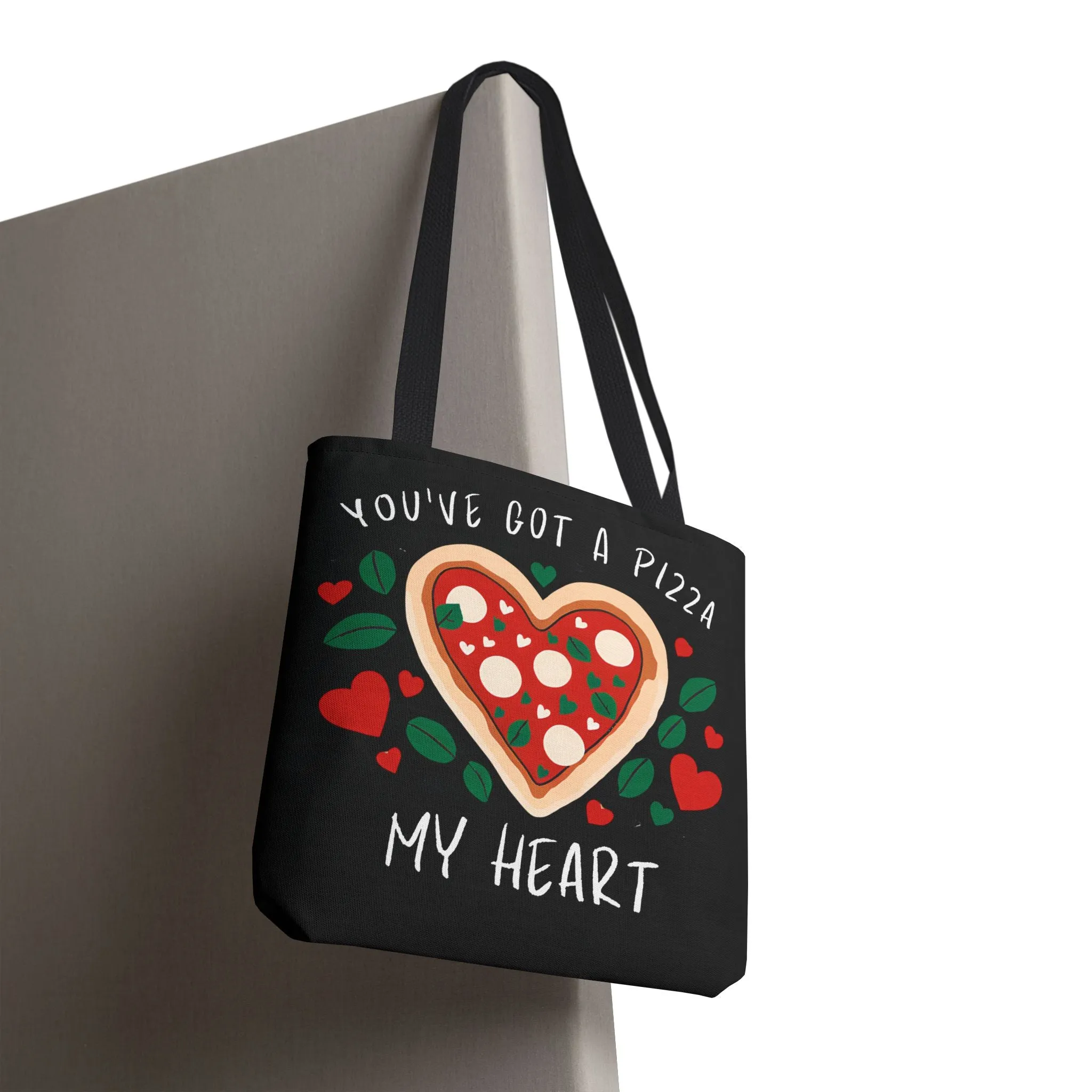 Pizza Lover Black Tote Bag - You've Got a Pizza My Heart - Funny Foodie Gift, Cute Shopping Bag, Romantic Gift, Reusable Grocery Tote