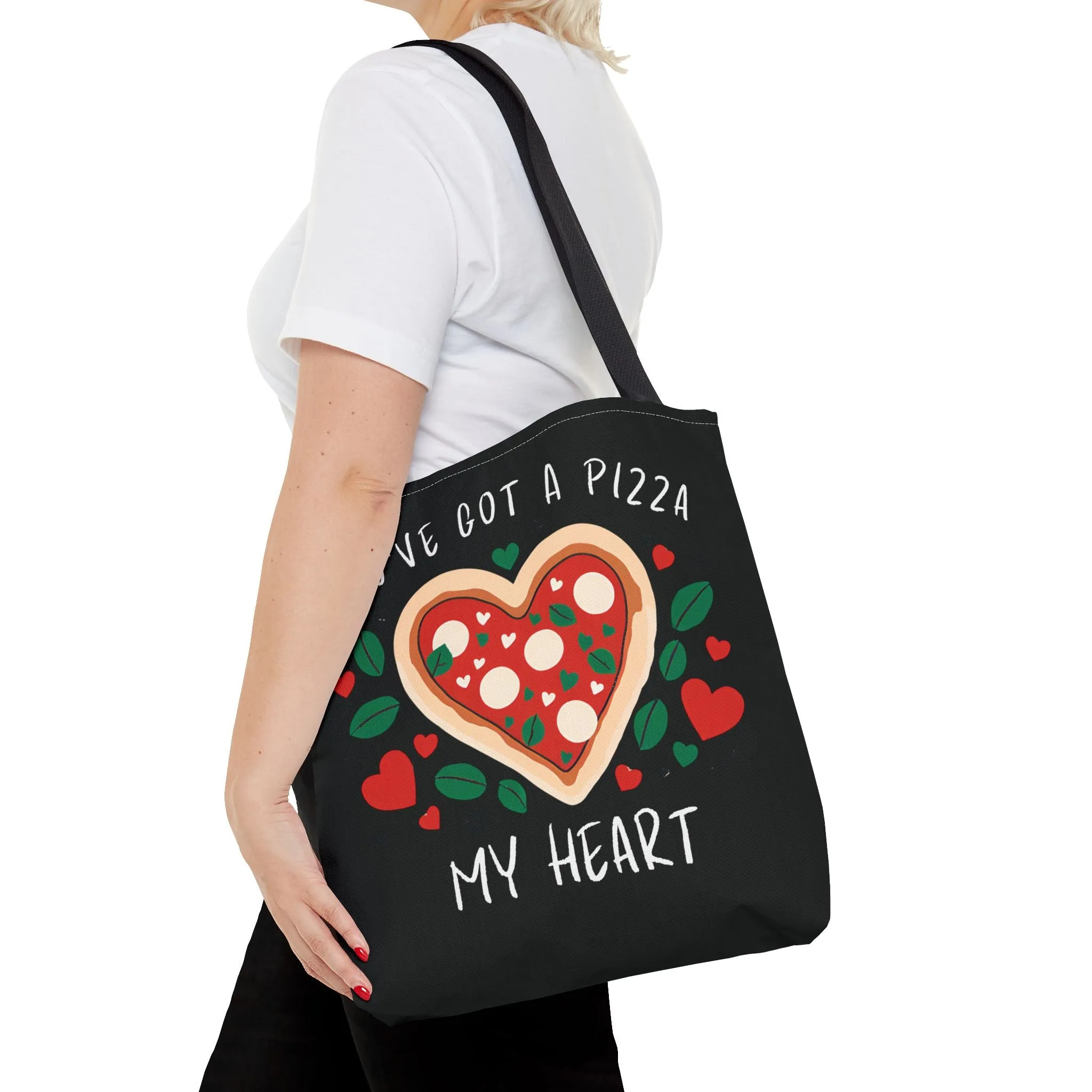 Pizza Lover Black Tote Bag - You've Got a Pizza My Heart - Funny Foodie Gift, Cute Shopping Bag, Romantic Gift, Reusable Grocery Tote