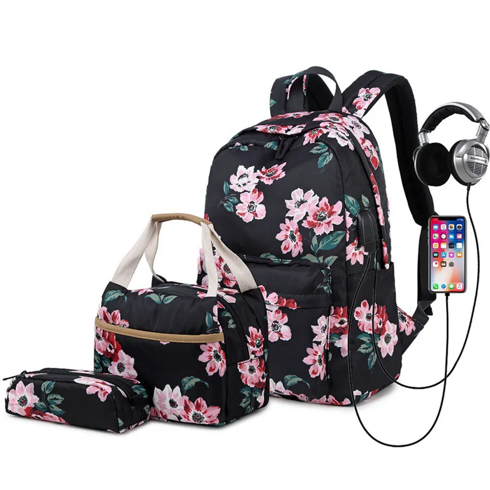 School Backpack Set For Girls 8-10 Floral Bookbag with Lunch Bag Pencil Case Top Level