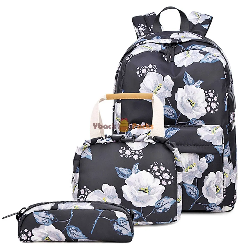 School Backpack Set For Girls 8-10 Floral Bookbag with Lunch Bag Pencil Case Top Level