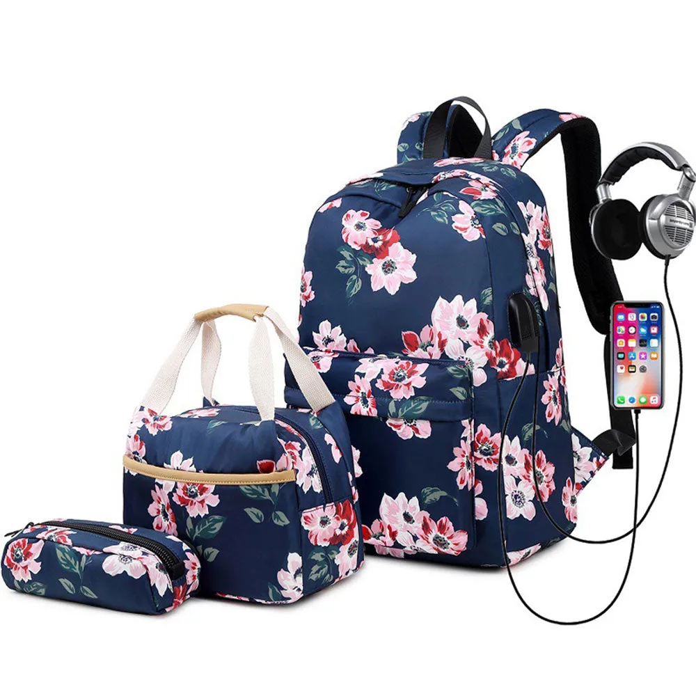 School Backpack Set For Girls 8-10 Floral Bookbag with Lunch Bag Pencil Case Top Level