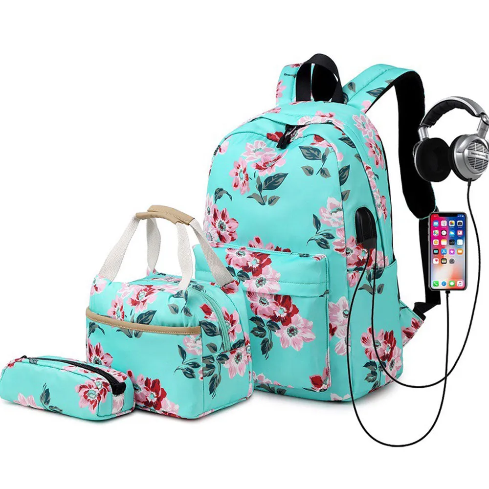 School Backpack Set For Girls 8-10 Floral Bookbag with Lunch Bag Pencil Case Top Level