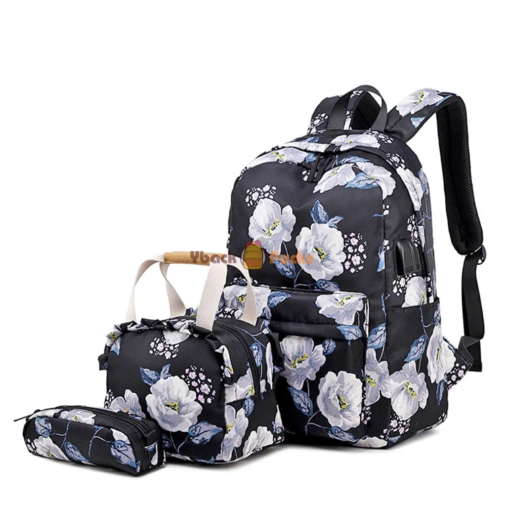 School Backpack Set For Girls 8-10 Floral Bookbag with Lunch Bag Pencil Case Top Level