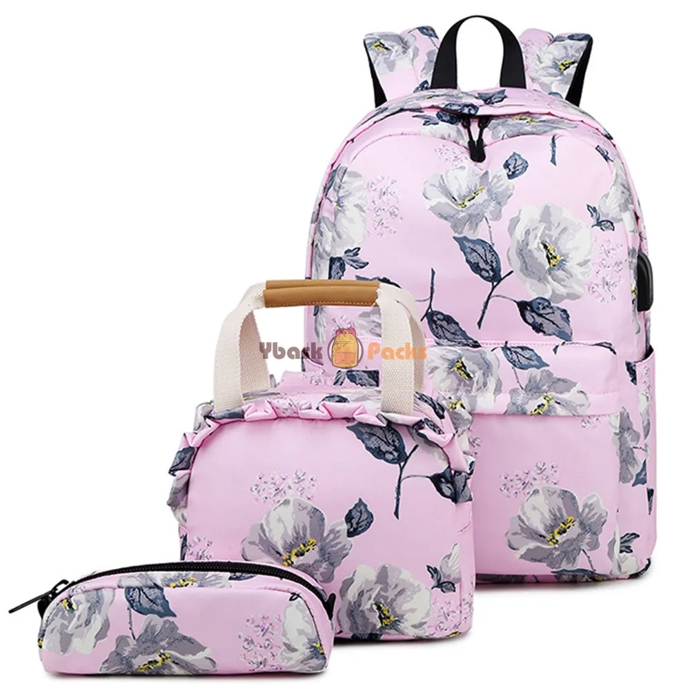 School Backpack Set For Girls 8-10 Floral Bookbag with Lunch Bag Pencil Case Top Level