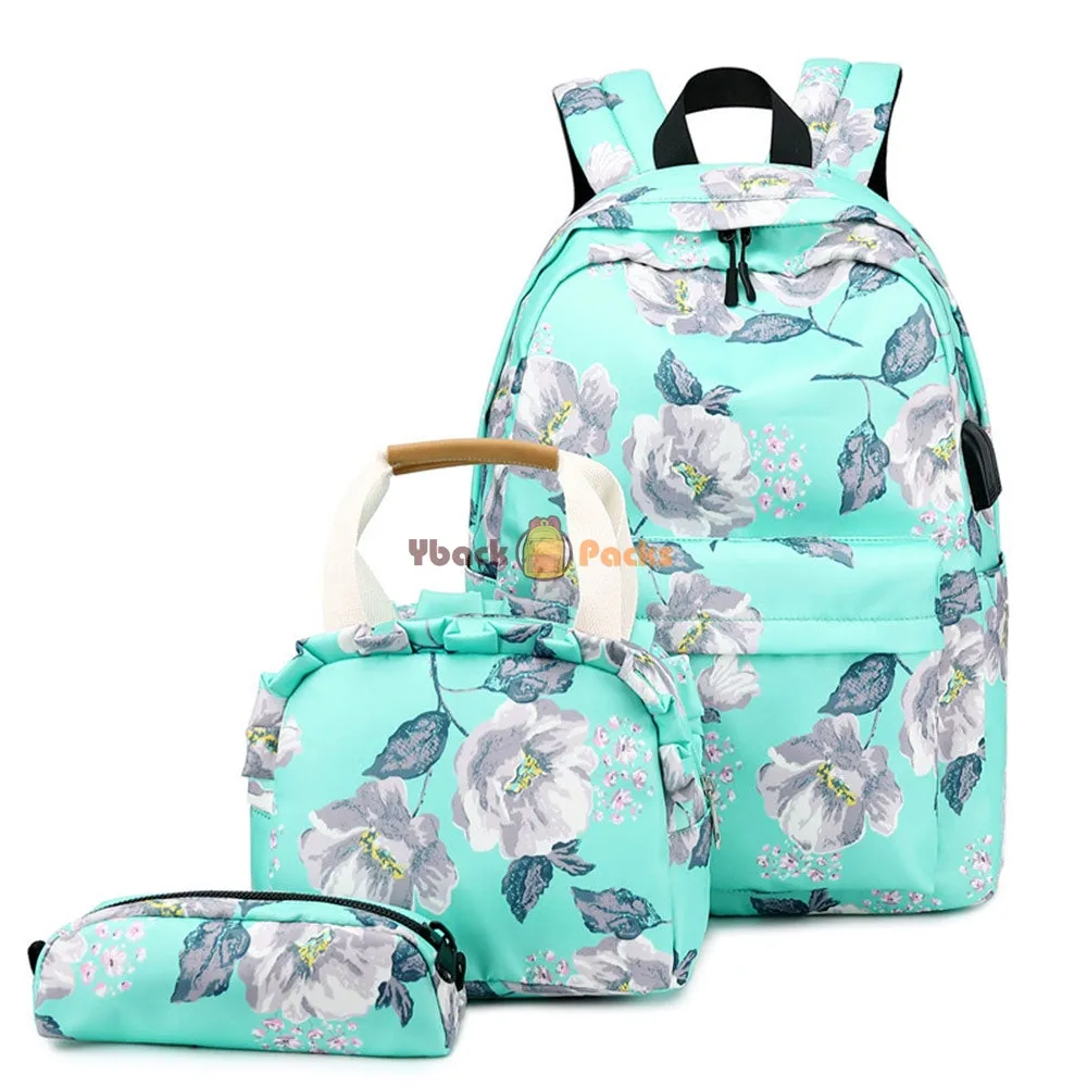 School Backpack Set For Girls 8-10 Floral Bookbag with Lunch Bag Pencil Case Top Level