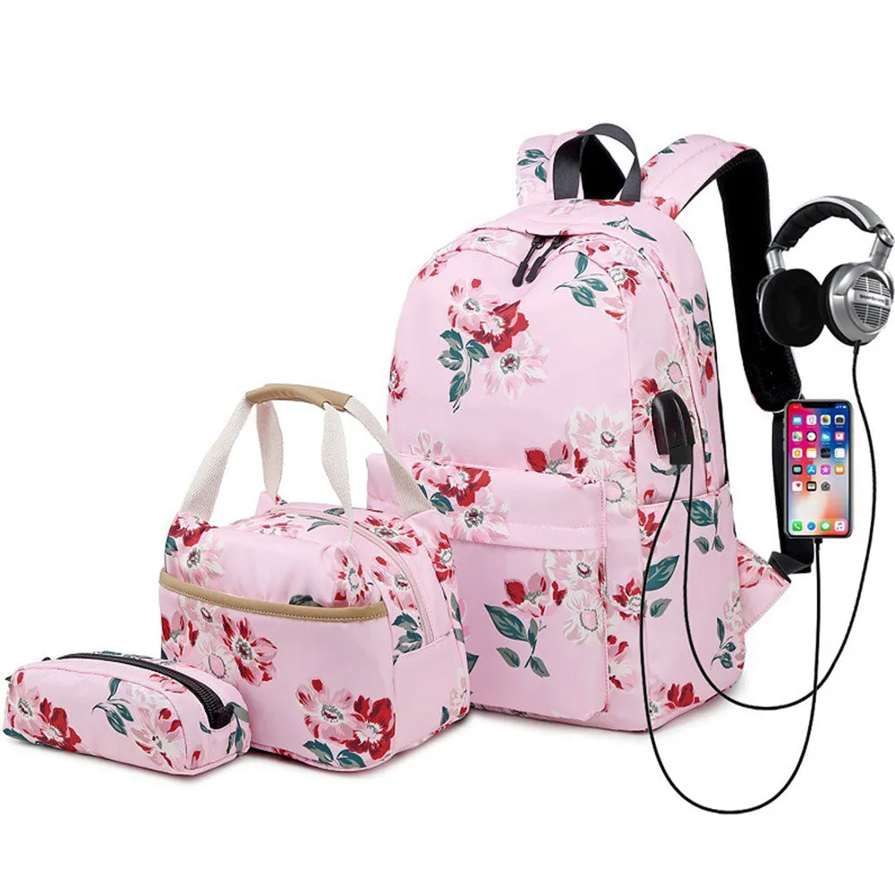 School Backpack Set For Girls 8-10 Floral Bookbag with Lunch Bag Pencil Case Top Level