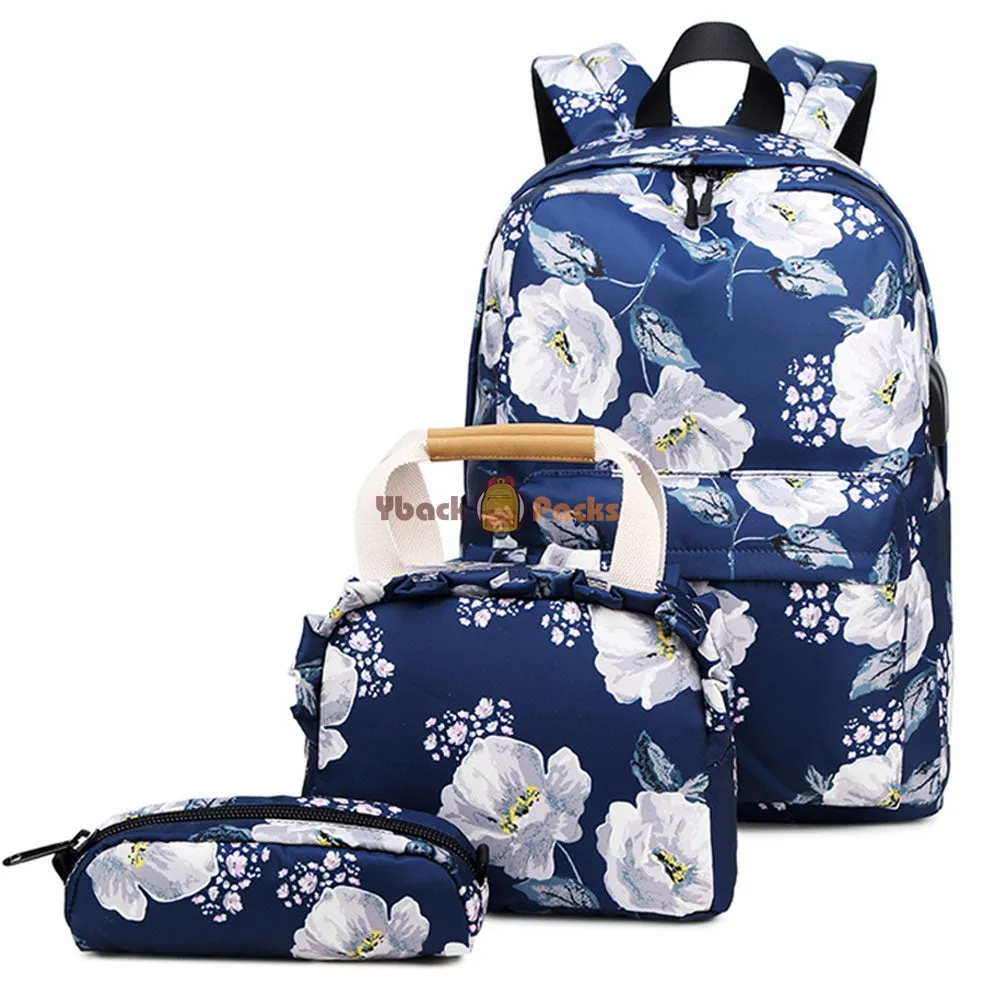 School Backpack Set For Girls 8-10 Floral Bookbag with Lunch Bag Pencil Case Top Level