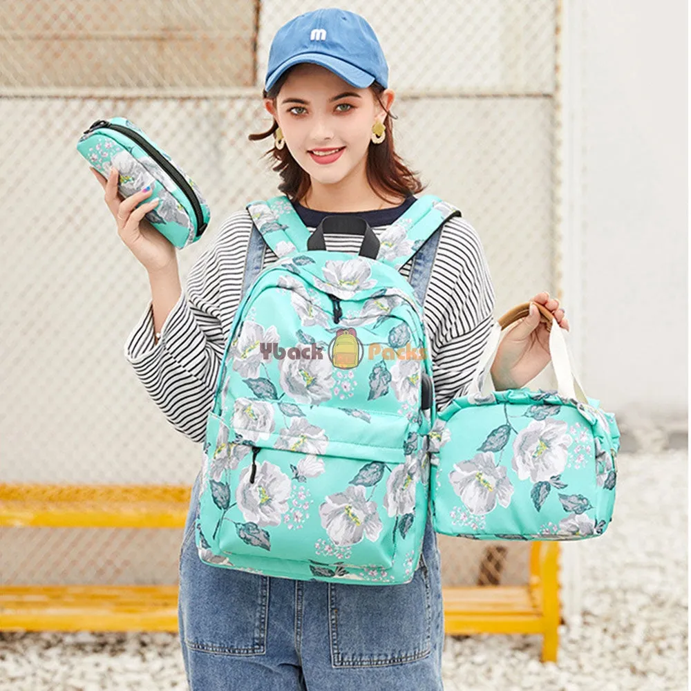 School Backpack Set For Girls 8-10 Floral Bookbag with Lunch Bag Pencil Case Top Level