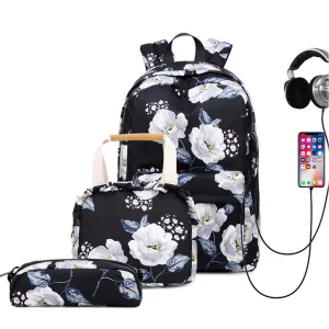 School Backpack Set For Girls 8-10 Floral Bookbag with Lunch Bag Pencil Case Top Level
