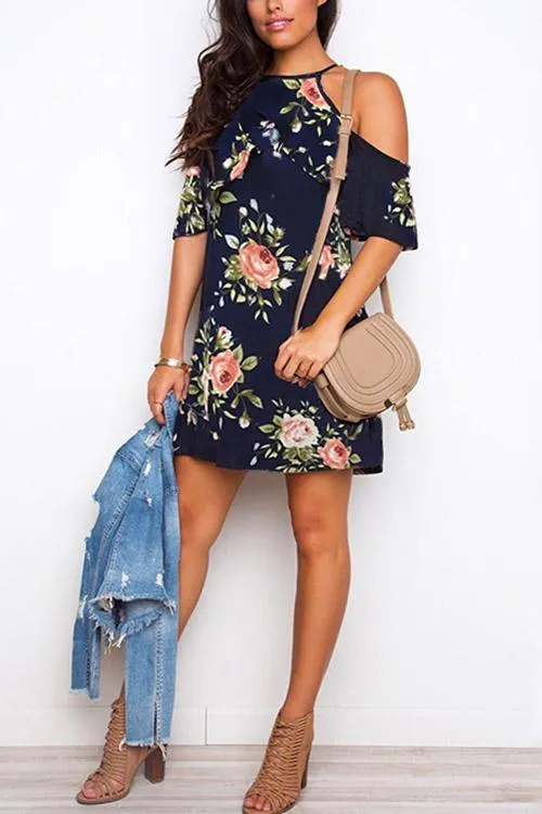 Wholesale Black Short Sleeve Floral Print Cut Out Mini Dress