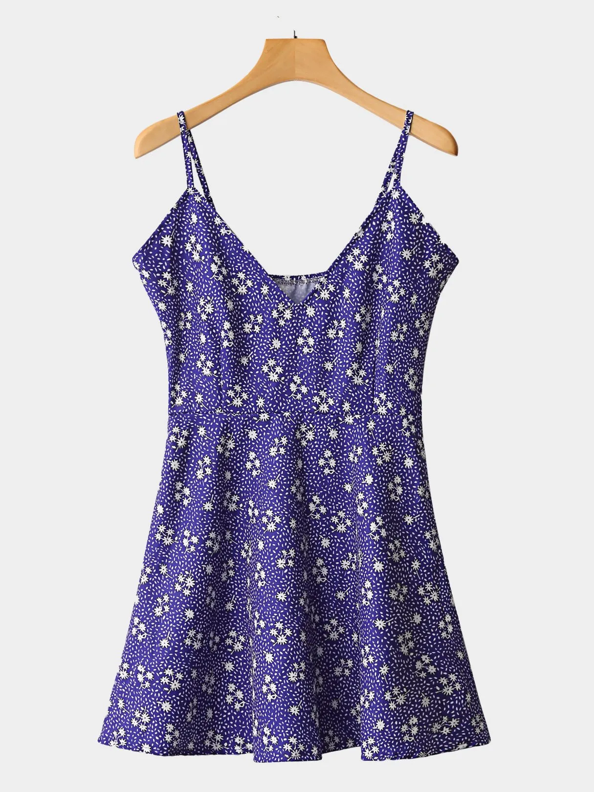Wholesale Blue V-Neck Sleeveless Floral Print Calico Mini Dress